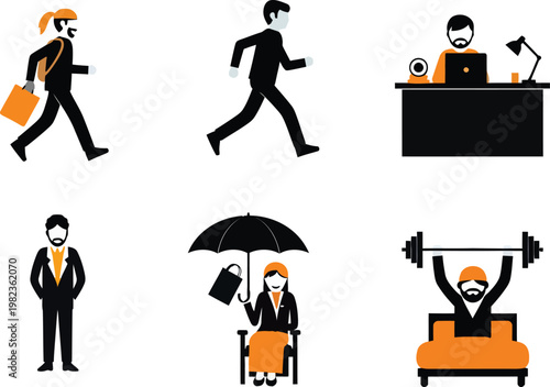 Diverse people icons walking working relaxing and exercising activities
