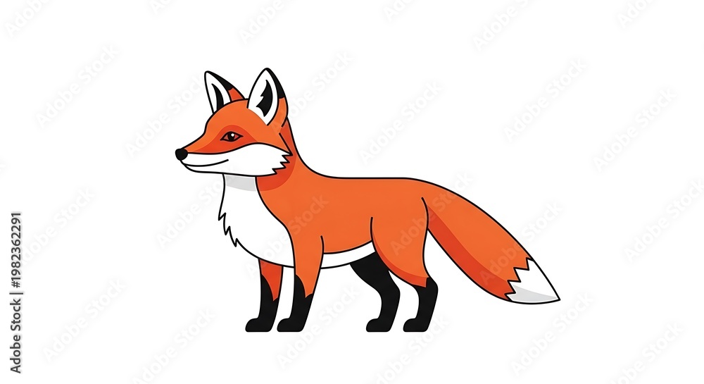Fototapeta premium Animated illustration of a red fox with orange and white fur, standing against a white background