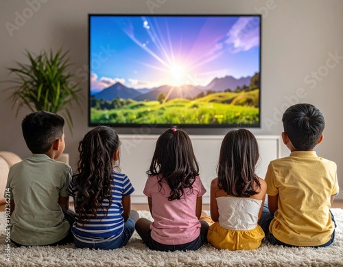 Five children sitting on the floor watching a bright nature scene on television