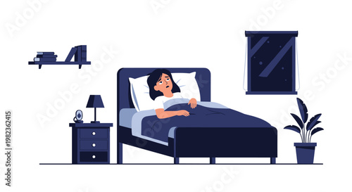 A worried woman lies awake in a dark blue bed next to a nightstand with a lamp, an alarm clock, and a window showing a starry night.