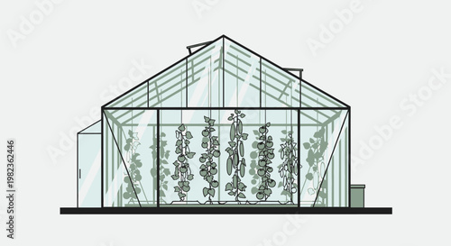 A line drawing of a greenhouse with plants.