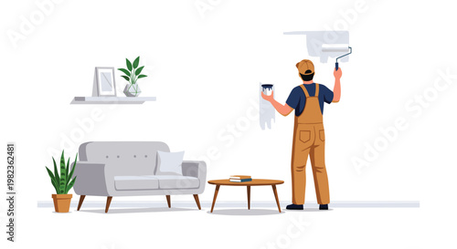 A person in brown overalls is painting a white wall with a roller in a minimalist living room featuring a grey sofa and potted plants.