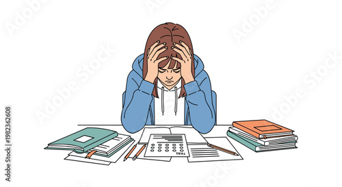A stressed young woman is sitting at a desk with her hands on her head, surrounded by open books and papers, including a test, on a white background.