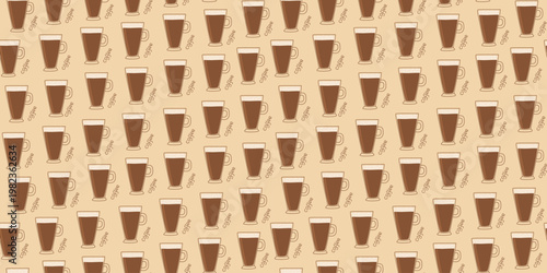 Coffee cup, seamless pattern. Glass mug with coffee, cappuccino. Hand-drawn drinks, lettering. Color illustration, decor, wallpaper. Drawing, doodle.