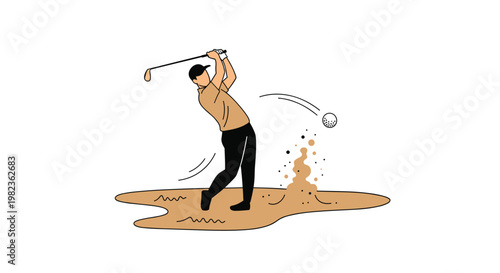 A male golfer is dynamically swinging his club, hitting a golf ball out of a sand trap, causing a large plume of sand to fly upwards.