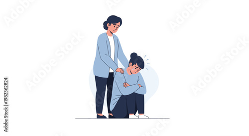One woman is standing and gently comforting another distressed woman who is sitting on the floor with her arms crossed against a minimalist white background.