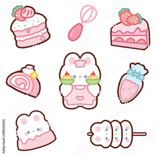 Cute Kawaii Kitchen baking bunny illustration set:Cake, Swiss roll, egg beater, piping bag, pudding, cream cake