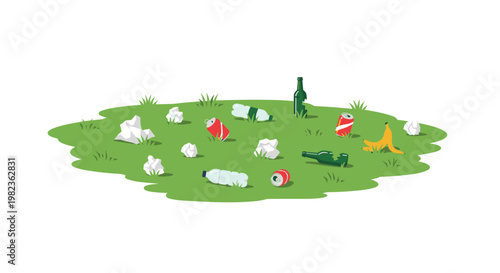 An illustrated patch of vibrant green grass is covered with scattered litter, including plastic bottles, soda cans, glass bottles, crumpled paper, and a banana peel.