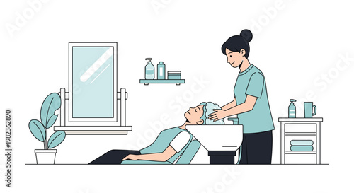 A minimalist illustrated female stylist in a light blue uniform washes the hair of a reclining client in a white basin at a modern salon.