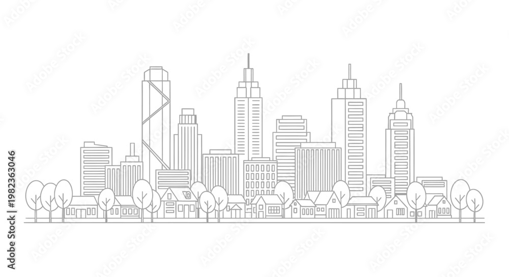 Fototapeta premium City skyline with buildings and trees.