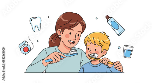 An illustration shows a smiling mother and a blonde boy brushing their teeth together with foamy toothpaste, surrounded by floating dental hygiene items.