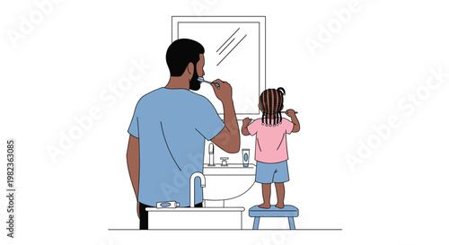 A minimalist illustration shows a father and a young child brushing their teeth together in front of a bathroom mirror, with the child on a blue stool.