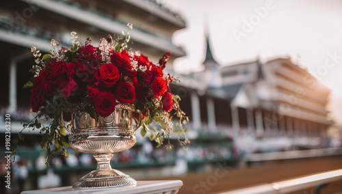 Silver Winners trophy adorned with red roses on a racetrack background for championship awards and luxury celebration