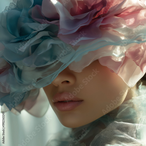Organza Avant-garde luxury fashion fascinator hat on female model for high-end couture and spring wedding season