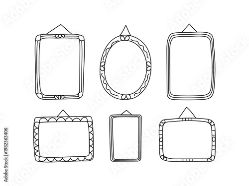 Frames for photos, pictures, and drawings. Hand-drawn set of cartoon blank frames, gallery, and photo album. Sticker with space for text, doodle illustration. Photo frame template
