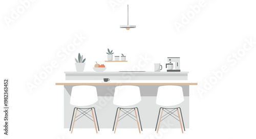 A minimalist kitchen island with a light wood countertop is accompanied by three white bar stools and a coffee maker.