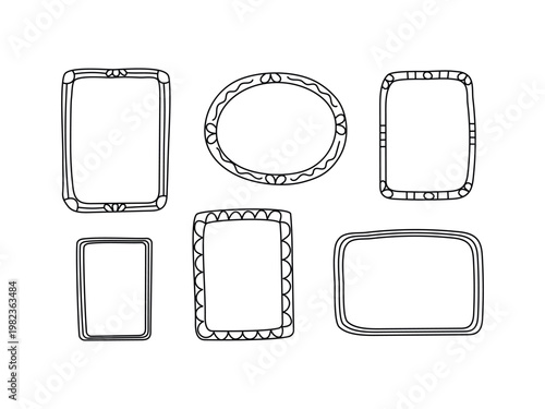 A set of hand-drawn, cartoon empty frames, gallery, and photo album. Frames and borders for photos, paintings, drawings. Stickers with space for text and doodle illustrations. Photo frame template.