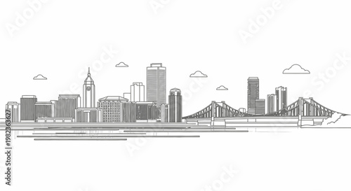 City skyline with bridge and buildings.