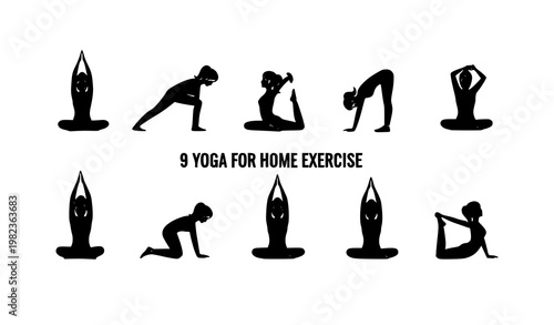 Minimal yoga poses infographic woman home workout asana routine flat vector illustration isolated on white