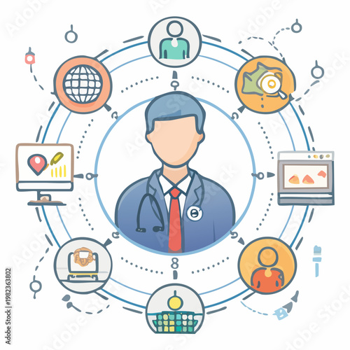 Doctor surrounded by medical technology icons.