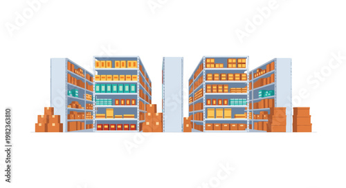 Two expansive, light-colored warehouse shelving units, densely packed with various boxes and packages, are separated by a central aisle in a flat illustrative style.