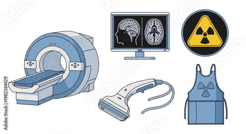 Comprehensive illustration of essential medical diagnostic technology and radiation safety equipment for modern healthcare practices