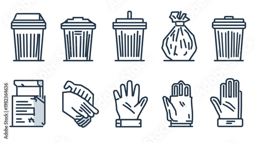 Waste Management and Recycling Icons Set with Trash Bins, Garbage Bags, and Protective Gloves. Outline Vector Collection.