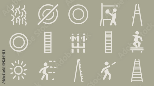 Minimalist vector line icons set featuring ladders, stick figures, abstract shapes, sun, and various symbols on a muted background