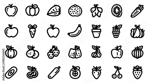 Outline Icons Set of Healthy Fruits and Vegetables. Collection of Hand-Drawn Minimalist Line Art Vector Graphics for Diet and Nutrition