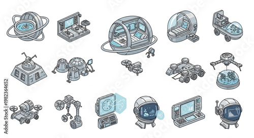 Collection of futuristic science fiction technology and space exploration equipment