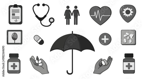 Health insurance and medical care icons set. Includes family protection, healthcare, medicine, stethoscope, and well-being symbols.
