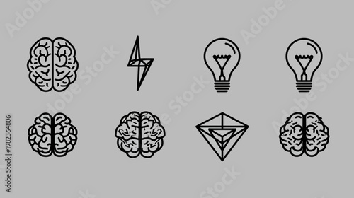 Creative brain, light bulb, and lightning bolt vector icons representing ideas, thinking, intelligence, innovation, and inspiration.