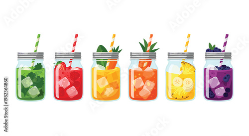 Six clear glass mason jars, each filled with a vibrant, colorful beverage, ice cubes, fruit, and a striped straw, are neatly arranged.