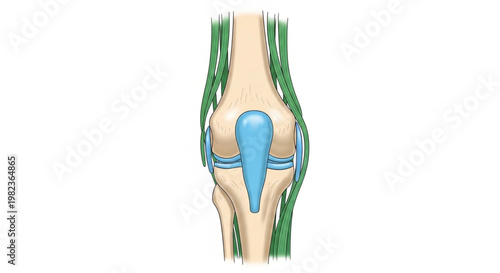 Anatomical illustration of the human knee joint, highlighting ligaments and tendons