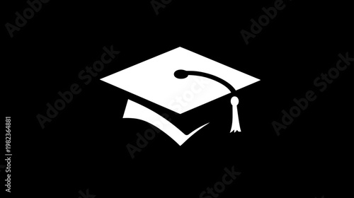 White Graduation Cap Mortarboard Icon on Black Background. Academic Symbol of Education, Learning, Success, and Achievement.