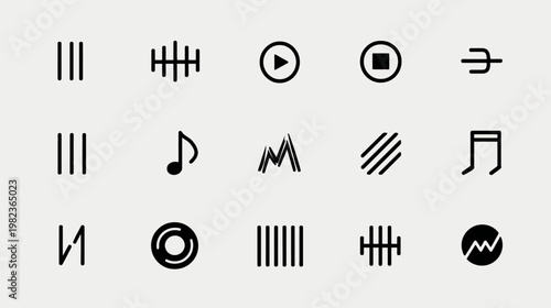 Collection of minimalist black line icons for music, audio, sound, media playback, equalizer, and digital interface design