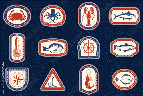 Nautical and seafood embroidery patch set vector collection with fish crab lobster shrimp octopus anchor compass and ship wheel marine badges isolated on denim background