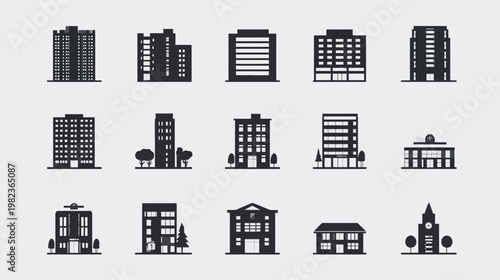 Set of flat vector building icons, diverse architectural silhouettes including residential, office, and city structures for urban design.