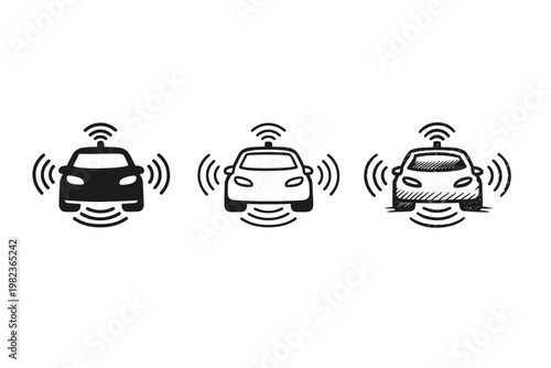 Autonomous self-driving car icon set with sensor waves representing smart vehicle technology. Includes solid, outline, and hand-drawn sketch styles for driverless automotive transportation concepts.
