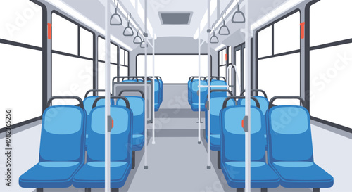 The empty interior of a public bus features rows of blue seats, numerous vertical support poles, and large windows on a grey floor.