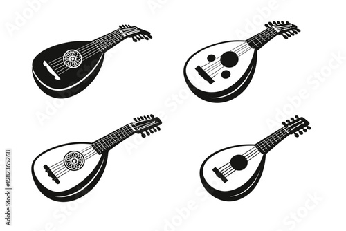 Set of Four Black and White Lute and Oud Vector Illustrations Featuring Historical Stringed Musical Instruments with Intricate Rosettes and Sound Holes for Renaissance and Folk Music Design