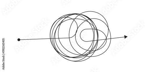 Messy tangle continuous one line drawing of chaos and confusion turning into a clear path and target. Problem solving, goal achievement, and brainstorming process concept in eps 10.