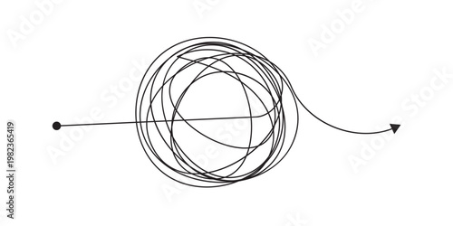 Messy tangle continuous one line drawing of chaos and confusion turning into a clear path and target. Problem solving, goal achievement, and brainstorming process concept in eps 10.