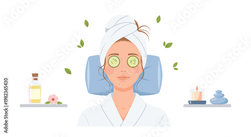 A woman with a white towel on her head and cucumber slices on her eyes relaxes on a blue pillow amidst spa elements.