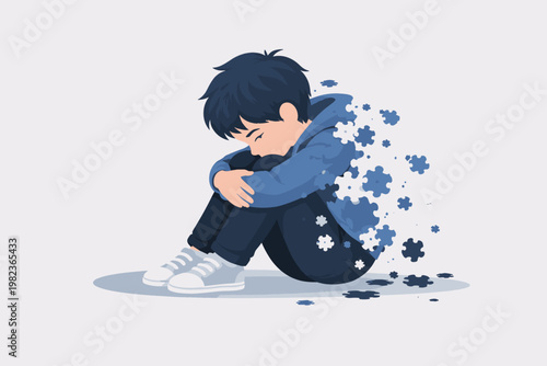 Sad depressed boy sitting alone as his body crumbles into puzzle pieces, flat vector illustration symbolizing mental health, autism awareness, loneliness, emotional pain, and isolation.