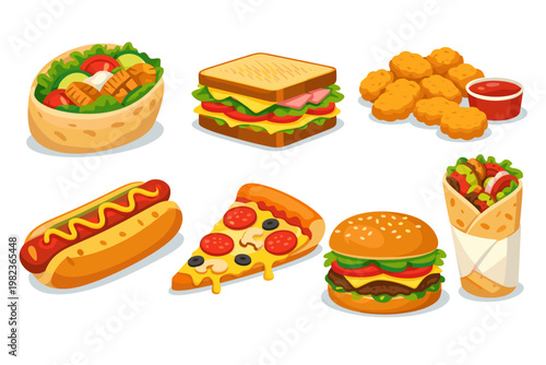 Colorful Vector Illustration Set of Popular Fast Food Meals Featuring Pita Bread Sandwich, Club Sandwich, Crispy Chicken Nuggets with Sauce, Hot Dog with Mustard, Pizza Slice, Cheeseburger, and