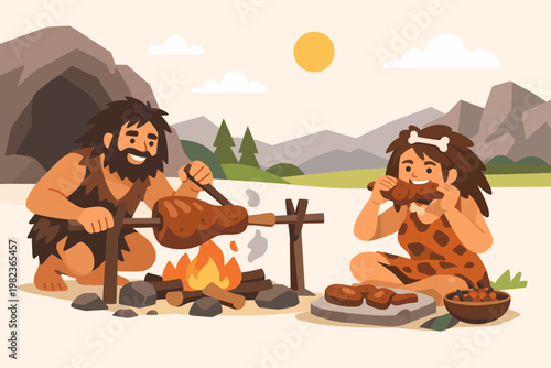 Prehistoric Caveman and Cavewoman Roasting and Eating Meat over a Campfire Outside a Cave. Flat Vector Illustration of Ancient Humans in the Stone Age with Mountains, Sun, and Nature Background.