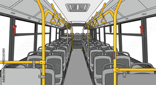 The empty interior of a public bus displays rows of grey seats, bright yellow grab poles, and large windows on a grey floor.