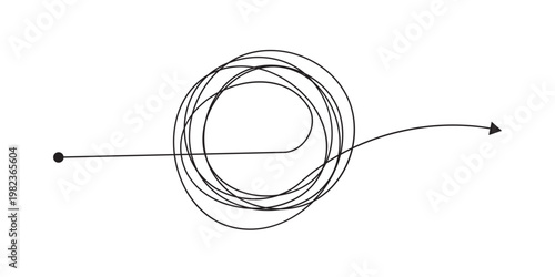 Messy tangle continuous one line drawing of chaos and confusion turning into a clear path and target. Problem solving, goal achievement, and brainstorming process concept in eps 10.