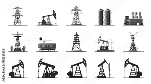 Set of industrial energy icons: oil rigs, electricity pylons, storage tanks, and factory buildings, representing power and fossil fuels.